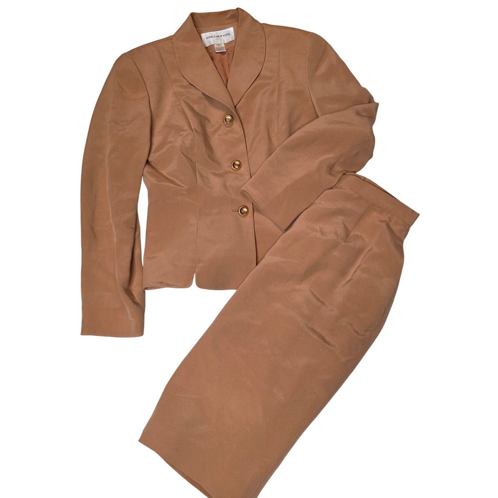 Jones New York 100% Silk Suit Skirt‎ Blazer Peach Size 6 Business Casual Work